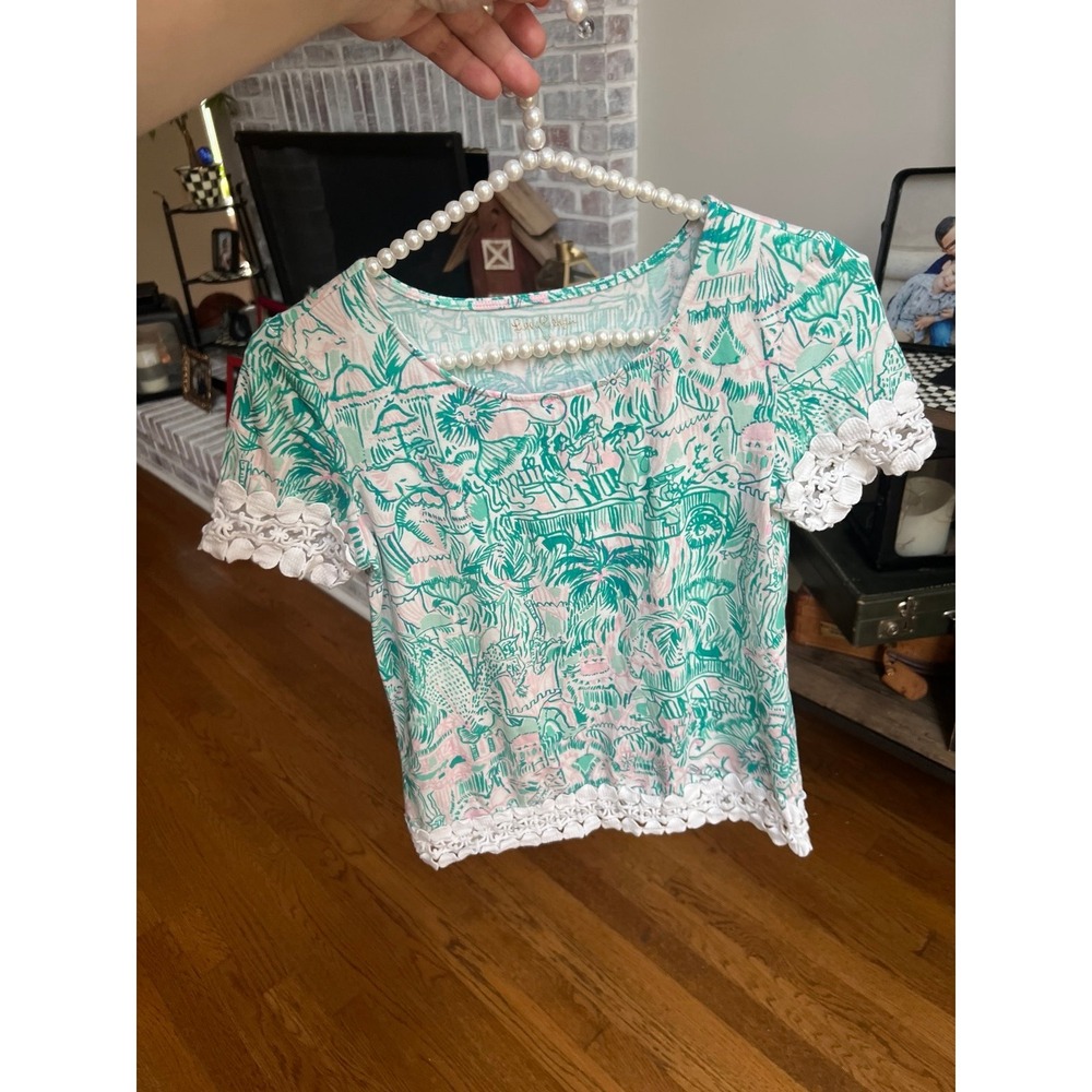 Lilly Pulitzer Hayes Top Lace Trim - Bright Agate Green Colorful Camelflage XS
